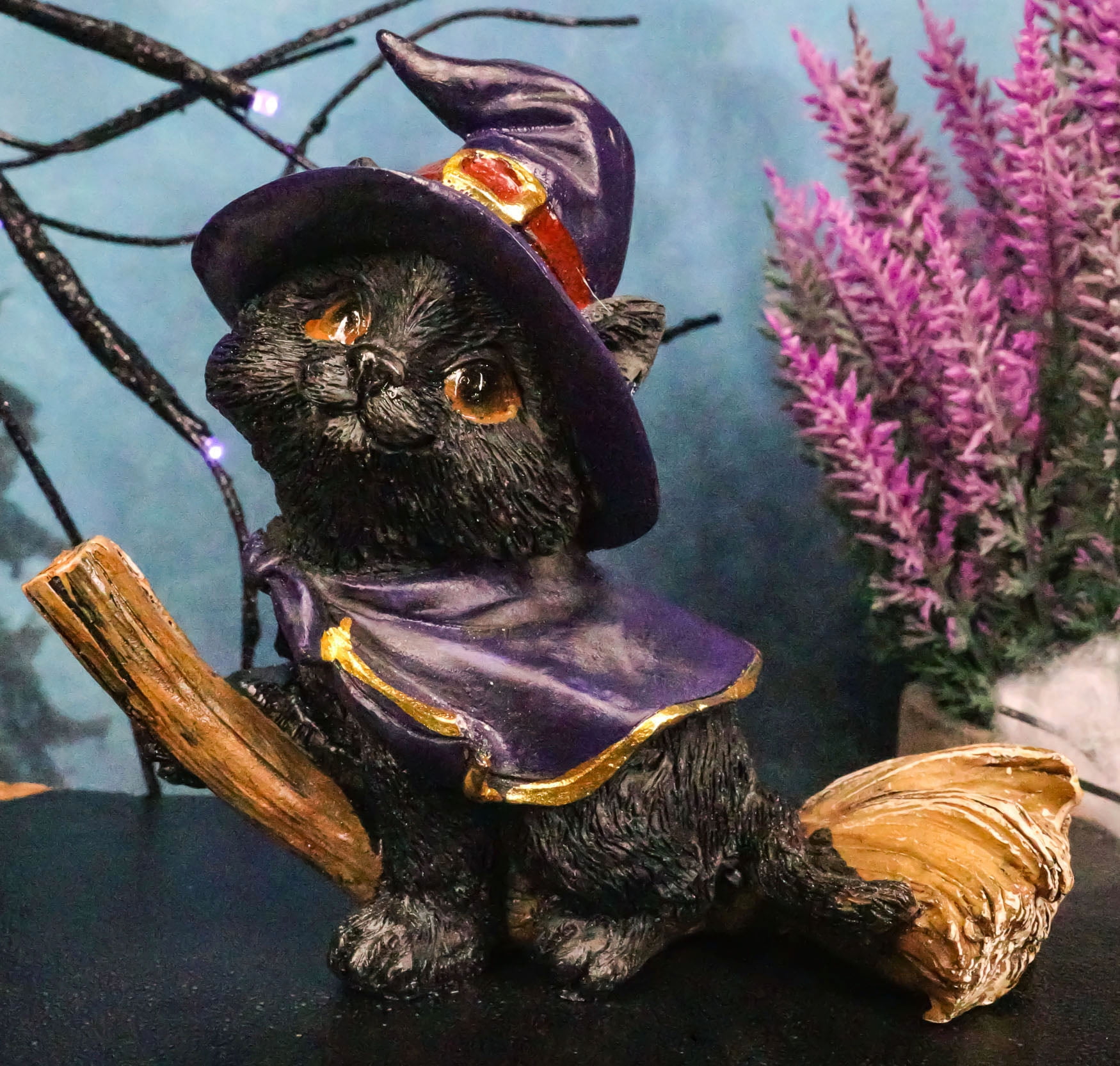 Black Cat with Witch Hat Riding Broom Figurine