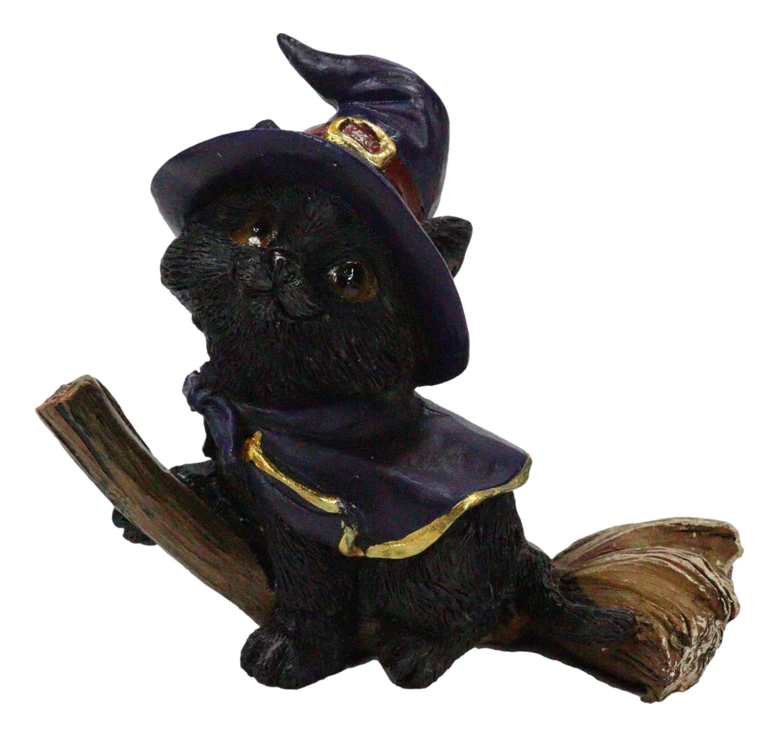 Black Cat with Witch Hat Riding Broom Figurine