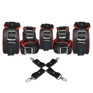 7-Piece Cowhide Leather BDSM Restraint Set with Free Hogtie Red & Black Bondage