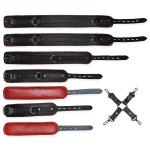 7-Piece Cowhide Leather BDSM Restraint Set with Free Hogtie Red & Black Bondage