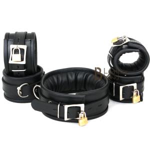 Thick Real Leather Wrist Ankle Thigh Cuffs & Collar Restraint Set Black 8 Pieces