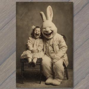 POSTCARD Creepy Rabbit Suit Laughing Girl Studio Portrait Eerie Easter