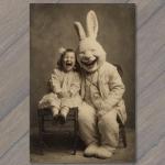 POSTCARD Creepy Rabbit Suit Laughing Girl Studio Portrait Eerie Easter