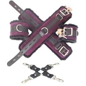 Purple Cowhide Suede Leather Wrist & Ankle Cuffs Set Fur Lined Padded Restraints