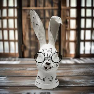 White Rabbit Bunny Bust with Glasses Handmade Carved Figurine Easter Decor 10''