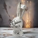 White Rabbit Bunny Bust with Glasses Handmade Carved Figurine Easter Decor 10''