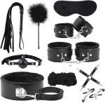 Premium 10PC BDSM Bondage Kit Adult Restraints Set Soft PU Leather Cosplay Black