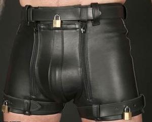 MEN'S LEATHER RESTRAINTS CHASTITY SHORTS+ PADLOCKS BLUF/BONDAGESHORTS USA STOCK