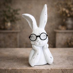 White Rabbit Bunny Bust with Glasses Handmade Carved Figurine Easter Decor 7''