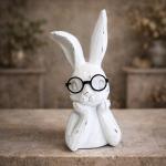 White Rabbit Bunny Bust with Glasses Handmade Carved Figurine Easter Decor 7''