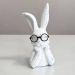 White Rabbit Bunny Bust with Glasses Handmade Carved Figurine Easter Decor 7''