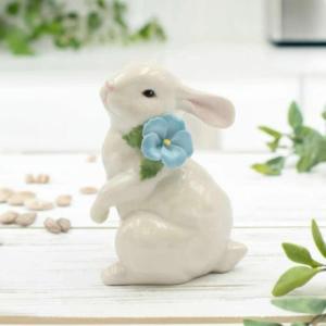 Ceramic White Rabbit with Blue Pansy Flower Figurine, Home Décor, Gift for Her,