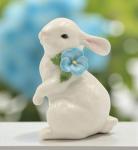 Ceramic White Rabbit with Blue Pansy Flower Figurine, Home Décor, Gift for Her,
