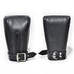 BDSM Leather Black Fist Mitts Gloves, Restraints Bondage Cuffs Lockable 2 pieces