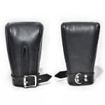 BDSM Leather Black Fist Mitts Gloves, Restraints Bondage Cuffs Lockable 2 pieces