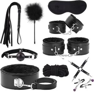 Premium 10PC BDSM Bondage Kit Adult Restraints Set Soft PU Leather Cosplay Black