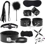 Premium 10PC BDSM Bondage Kit Adult Restraints Set Soft PU Leather Cosplay Black