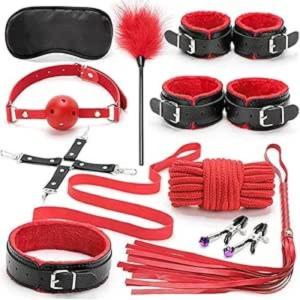 Premium 10-Piece BDSM Bondage Kit Restraints Set Cosplay Roleplay Black & Red
