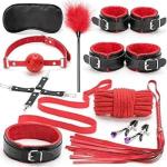 Premium 10-Piece BDSM Bondage Kit Restraints Set Cosplay Roleplay Black & Red