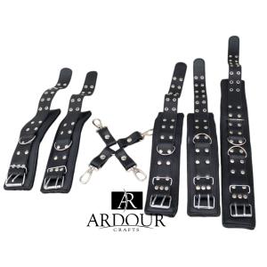 Real Cow Leather BDSM Restraint Set Collar, Ankle & Wrist Cuffs, Hogtie Bondage