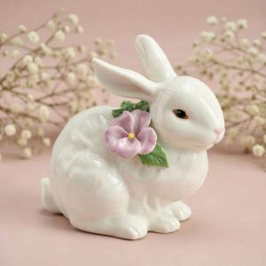 Ceramic Bunny Rabbit with Pink Pansy Flower Figurine, Home Décor, Gift for Her,