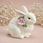 Ceramic Bunny Rabbit with Pink Pansy Flower Figurine, Home Décor, Gift for Her,