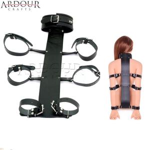 Lockable Genuine Cowhide Leather Body Cuffs BDSM Back Restraint Bondage Set