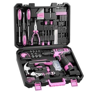 PULITUO Drill Set, 148-Piece Home Tool Set with 12V Pink Cordless Drill, Hand Tool Kits, and Tool Box, Suitable for Men, Women, and DIY Enthusiasts for Home Improvement.