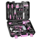 PULITUO Drill Set, 148-Piece Home Tool Set with 12V Pink Cordless Drill, Hand Tool Kits, and Tool Box, Suitable for Men, Women, and DIY Enthusiasts for Home Improvement.