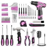 PULITUO Drill Set, 148-Piece Home Tool Set with 12V Pink Cordless Drill, Hand Tool Kits, and Tool Box, Suitable for Men, Women, and DIY Enthusiasts for Home Improvement.