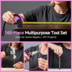 PULITUO Drill Set, 148-Piece Home Tool Set with 12V Pink Cordless Drill, Hand Tool Kits, and Tool Box, Suitable for Men, Women, and DIY Enthusiasts for Home Improvement.