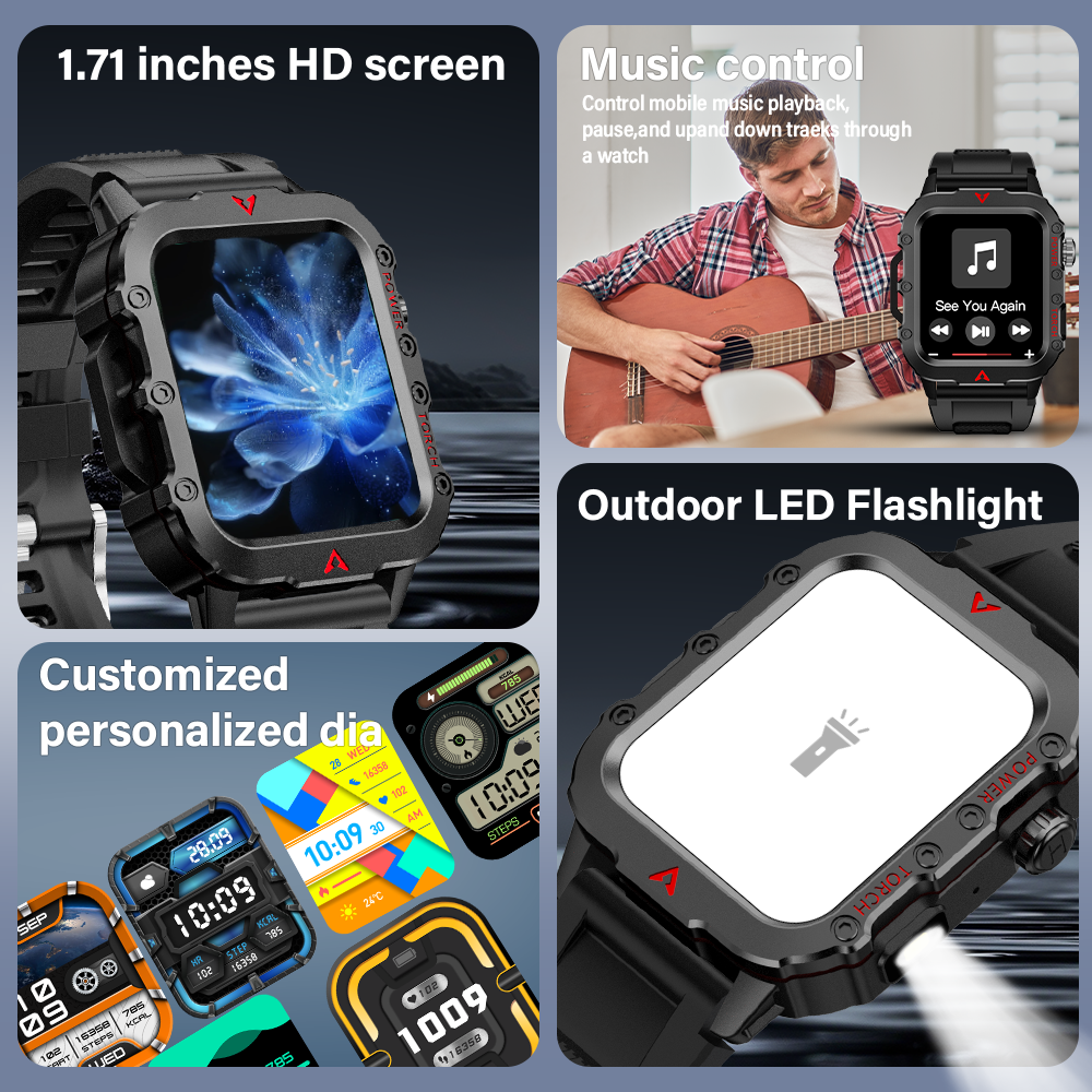 LAXASFIT New Men's Smart Watch LED Flashlight Outdoor Sports Smart Watch Wristwatch Health Monitoring Smart Watch