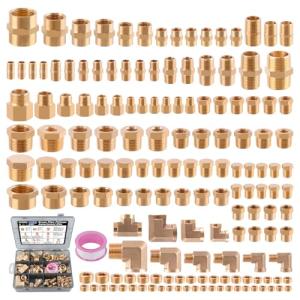 Ailbiuko 156PCS Brass Pipe Fittings Assortment Kit 1/8" 1/4" 3/8" 1/2" 3/4" NPT Adapter,Reducer Bushing, Hex Nipple, Reducing Hex Coupling,Hex Head Plugs,Street Elbow,Street Tee,Socket Plug