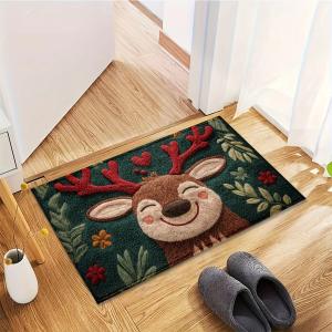 1pc Fluffy Christmas Deer Microfiber Bath Mat - Quick-Dry & Absorbent, Festive Holiday Design with Red Berries & Green Leaves