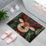 1pc Fluffy Christmas Deer Microfiber Bath Mat - Quick-Dry & Absorbent, Festive Holiday Design with Red Berries & Green Leaves