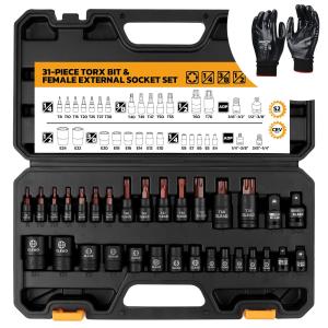 32PC Torx Bit Socket Set T8-T70 & E-Torx E4-E24 Work Glove S2 Alloy Steel Star