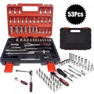 53 Pc SAE and Metric Mechanics Tool Set and Ratchet Socket Set 1/4in 3/8in Drive