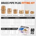 Ailbiuko 60pcs Brass Pipe Fittings Assortment Kit,Reducer Bushing,Hex Nipple,Reducing Hex Coupling,Hex Heand Plug,End Cap and Socket Plug Fitting Kit