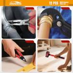 HOUSERAN 12-Piece Household Hand Tool Set with Toolbox – Heavy Duty CRV Pliers, Adjustable Wrench, Rubber Mallet & Claw Hammer for Home, Garage, Automotive & DIY Projects