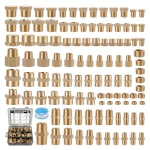 Ailbiuko 106PCS Brass Pipe Fittings Assortment Kit NPT Extension Adapter,Reducer Bushing,Hex Nipple,Close Nipple,Reducing Hex Coupling,Hex Head Plugs,Hex head Cap,Socket Plug Kit