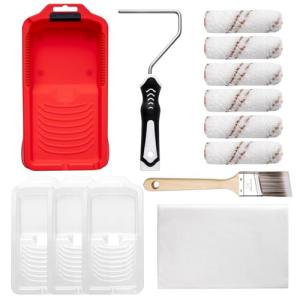 Mister Rui Mini Paint Roller Kit-13 Piece, 4-Inch Microfiber Paint Rollers with Ergonomic Handle, Small Roller Paint Brush, Paint Tray with 3 Liners, Perfect for House Painting, Trim, and Touch-Ups
