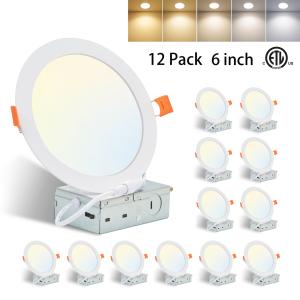 12 Pack 6 Inch 5CCT Recessed Dimmable LED Ceiling Panel Light with Junction Box