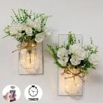 Set of 2 - Rustic Wall Sconces - with Flowers, Mason Jars, LED Lights, Remote