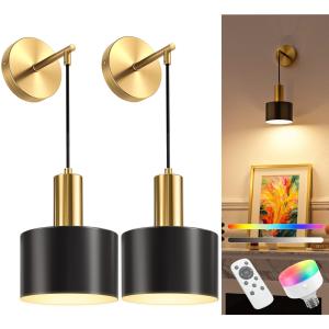 NIORSUN Battery Operated Wall Sconce Set of 2, Gold & Black Wireless Recharge...