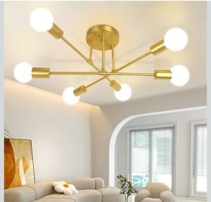 Modern Sputnik Chandelier, Ceiling Light Fixture Flush Mount 6-Lights Gold