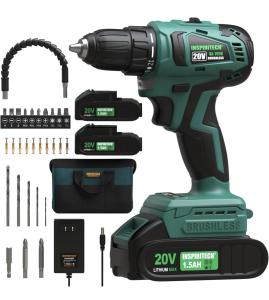 INSPIRITECH Brushless power drill Cordless Drill with 2 Batteries and Charger