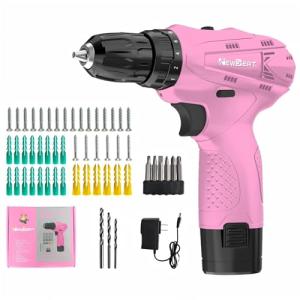NEWBEAT Pink Cordless Drill Set - 12V Power Drill Cordless with Battery and Charger for Home Improvement, 3/8" Keyless Chuck, 2 Variable Speed, Electric Power Tools for Women DIY