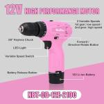 NEWBEAT Pink Cordless Drill Set - 12V Power Drill Cordless with Battery and Charger for Home Improvement, 3/8" Keyless Chuck, 2 Variable Speed, Electric Power Tools for Women DIY