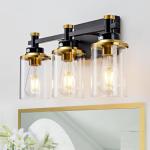 Aixialin 3 Light Bathroom Light Fixtures, Black and Brushed Gold Vanity Light Fixture Over Mirror, Modern Wall Sconces Lighting Wall Lamp for Bathroom, Bedroom, Hallway with Clear Glass Shade