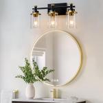 Aixialin 3 Light Bathroom Light Fixtures, Black and Brushed Gold Vanity Light Fixture Over Mirror, Modern Wall Sconces Lighting Wall Lamp for Bathroom, Bedroom, Hallway with Clear Glass Shade